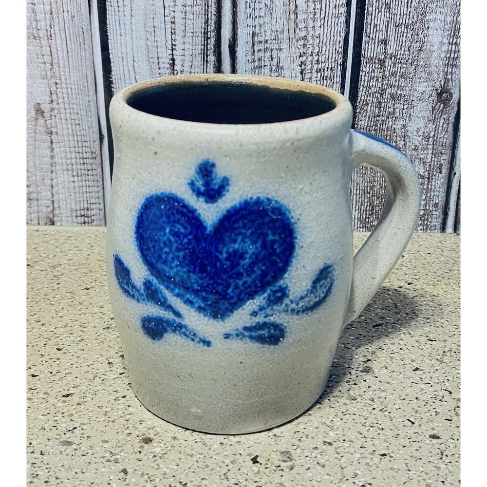 Rowe Pottery Works Salt Glaze Heart Design Coffee Mug Cup 4.5"
